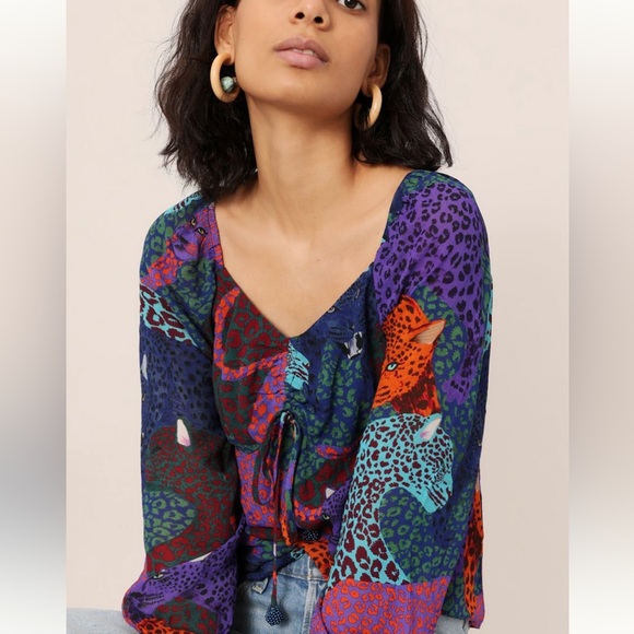 Farm Rio Jungle Cat Print Lined Viscose Bohemian Blouse Size XL - Picture 1 of 6